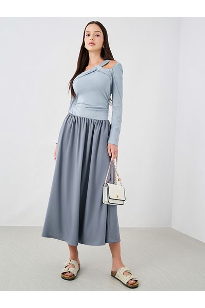 Styli Textured Asymmetric Neck Long Sleeve Midi Dress