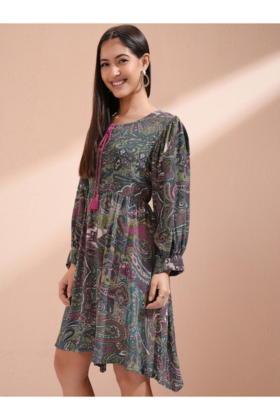 Vishudh By Styli Women Paisley Print Tie-Up Neck A-Line Knee-Length Dress