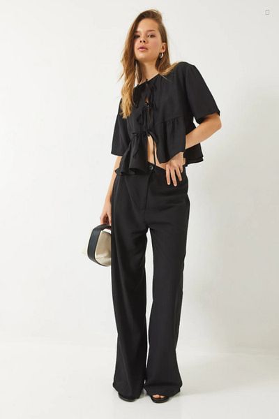 HARMONY GLOBAL Women's Black Tie-Up Strawberry Fabric Short Sleeve Blouse and Wide Leg Pants Set – Relaxed Fit 9265