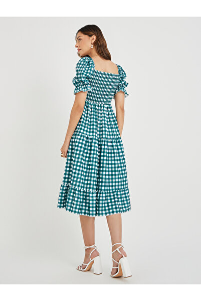 Take Two By Styli Checked Puff Sleeves A-Line Knee Length Dress with Smocked Detail