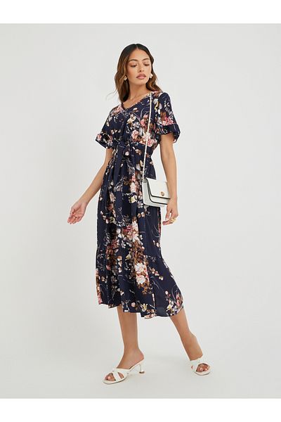 Take Two By Styli Women Navy Blue Floral Print Ruffle Trim A-Line Midi Dress with Tie Waist