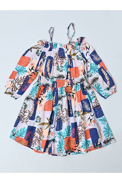 Bella Moda By Styli All-Over Print Cotton Dress with Smocked Waist