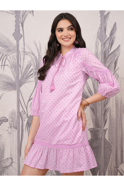 Vishudh By Styli Polka Dot Print Tie-Up Neck A-Line Mini Dress