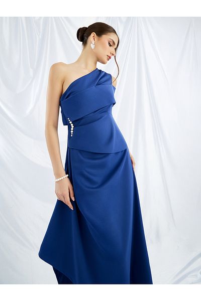 Keenly By Styli Embellished One Shoulder Asymmetric Hem Midi Dress