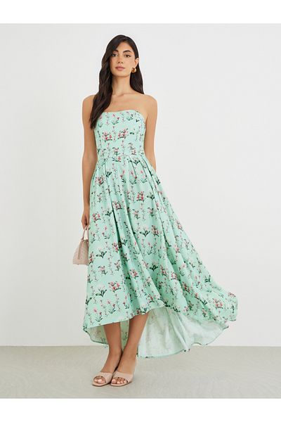 Styli Floral Print Strapless A-Line Midi Dress with High Low Hem