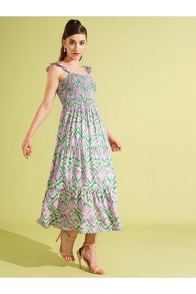 Globus By Styli Women All-Over Print Strappy Tiered Midi Dress with Smocking
