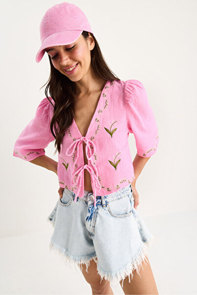 Bianco Lucci Women's Floral Embroidered Muslin Blouse 1023 60283252