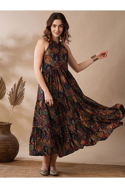 Globus By Styli Women Printed Collared Tiered Maxi Dress with Button Front