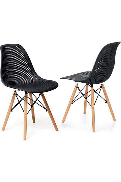 Taimi Pack of 2 Plastic Chair with Wooden Legs for Office Dining Kitchen Living Room Black 70x40x40cm