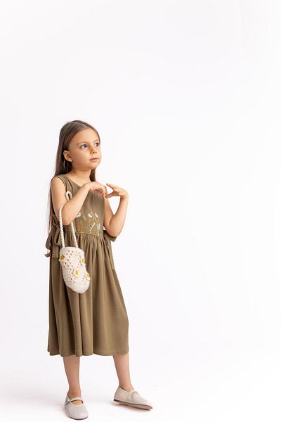Cigit Embroidered Side Tie Linen Dress 2-7 Years Caramel
