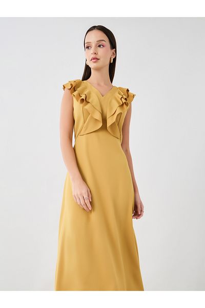 Styli Solid V-Neck Ruffled Detail Sleeveless Midi Dress