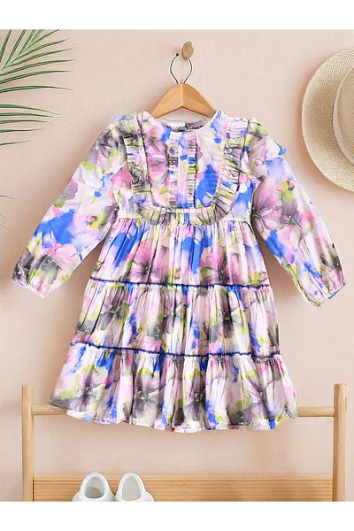 Bella Moda By Styli Floral Print Buttoned Tiered Knee-Length Dress