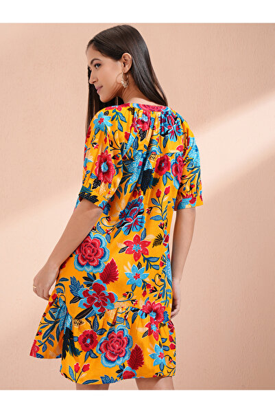 Vishudh By Styli Women Floral Print Puff Sleeves Cotton A-Line Mini Dress