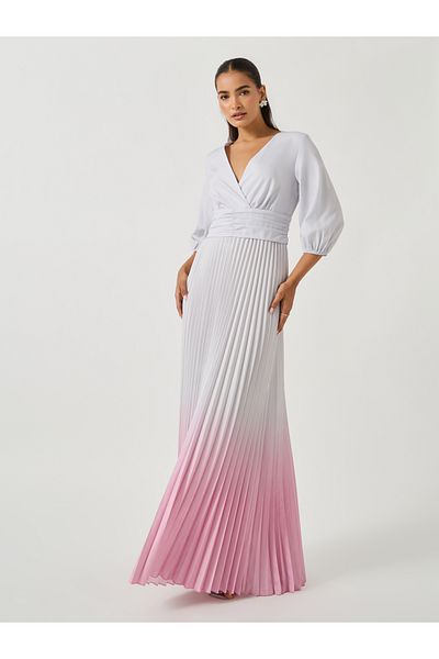 Styli Ombre Print Pleated Balloon Sleeves A-Line Maxi Dress