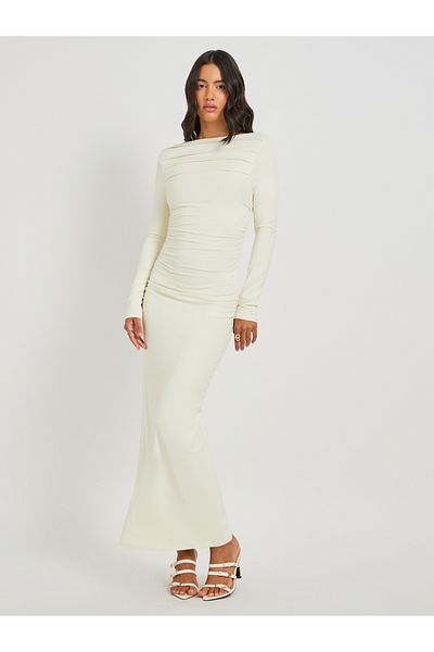 Styli Solid Ruched Boat Neck Sheath Maxi Dress