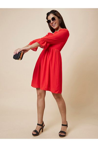Globus By Styli Women Red Solid Smocked Back A-Line Knee-Length Dress