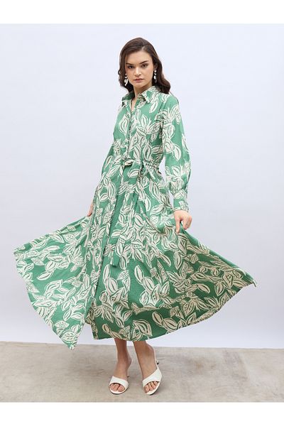 Styli Floral Print Buttoned Shirt Maxi Dress with Tie-Up Belt
