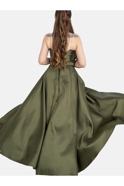 Nice Model Olive Green Wrap Dress with Floral Embroidery | Elegant Taffeta Gown for Weddings & Parties