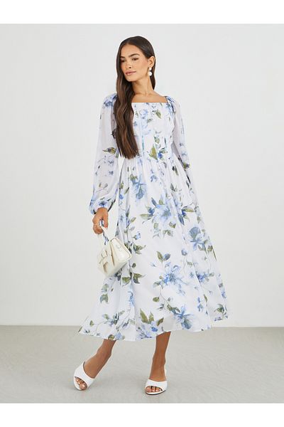 Styli Floral Print Balloon Sleeves A-Line Midi Dress