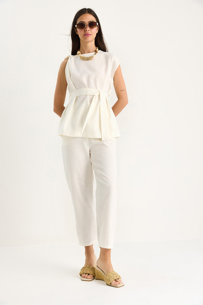 Bianco Lucci Women's Shoulder Knot Detailed Belted Linen Top-Top Set 9369 60281075