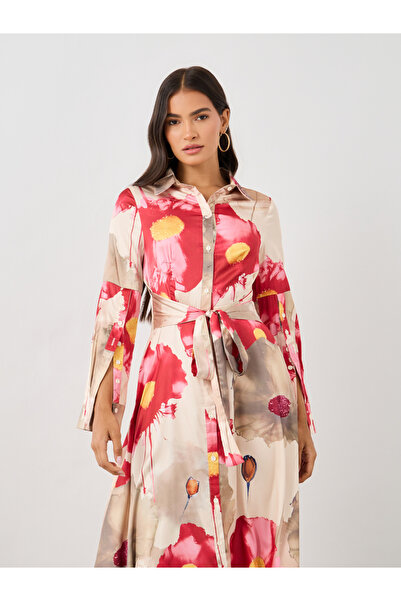 Styli Printed Long Sleeve Shirt Midi Dress