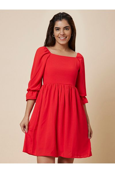Globus By Styli Women Red Solid Smocked Back A-Line Knee-Length Dress