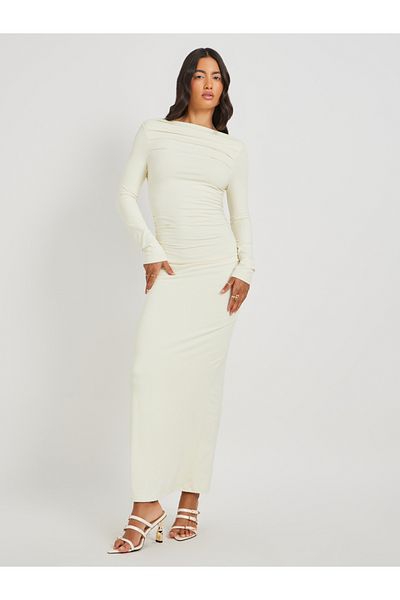 Styli Solid Ruched Boat Neck Sheath Maxi Dress