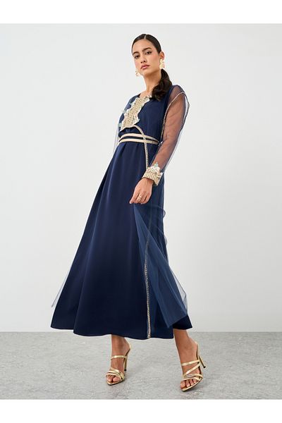 Keenly By Styli Lace Detail Embroidered Long Sleeve Maxi Dress