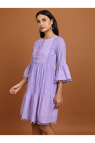 Vishudh By Styli Women Embroidered Tie-Up Neck A-Line Mini Dress with Pompom Detail