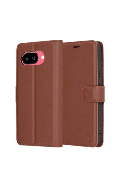SKYDDAR INNOVATION Husă pentru Google Pixel 9a, piele tip folio, cu portofel interior, set de autocolante, maro