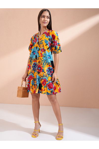 Vishudh By Styli Women Floral Print Puff Sleeves Cotton A-Line Mini Dress