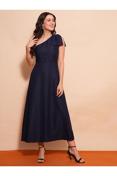 Globus By Styli Women Navy Blue Solid One Shoulder A-Line Maxi Dress with Bow Detail