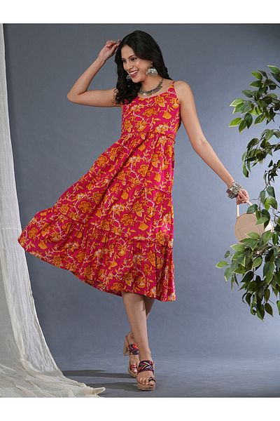 Globus By Styli Women Floral Print Strappy Tiered Midi Dress