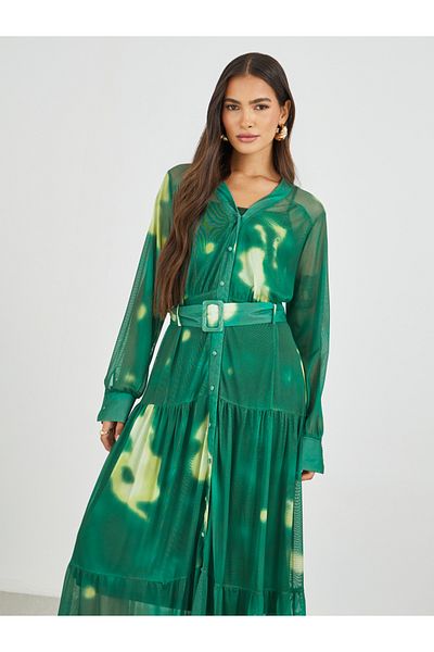 Styli Tie and Dye Print V Neck Shirt Maxi Dress with Belt