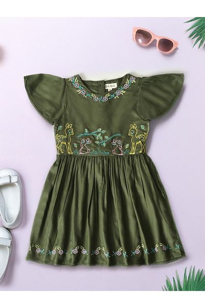 Bella Moda By Styli Embroidered Ruffled Sleeve Knee-Length Dress