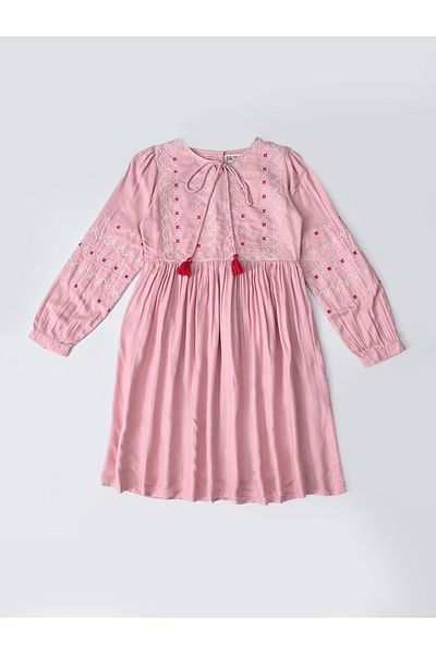 Bella Moda By Styli Embroidered Tie-Up Neck Knee-Length Dress
