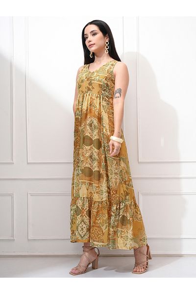 Vishudh By Styli Women All-Over Printed V Neck A-Line Maxi Dress