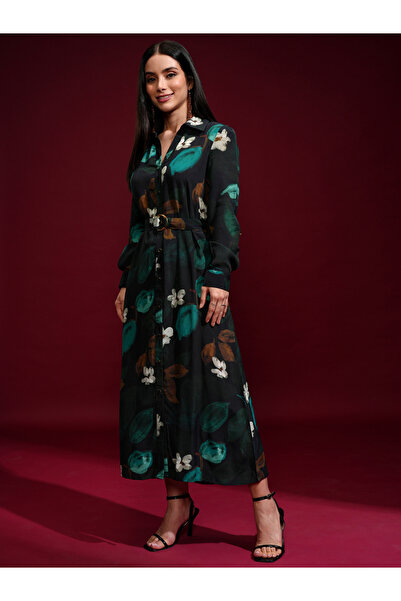 Vishudh By Styli Floral Printed Belted Shirt Midi Dress