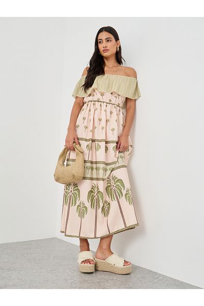 Styli Printed Off Shoulder A-Line Maxi Dress