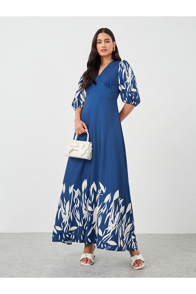 Styli Printed Balloon Sleeves A-Line Maxi Dress