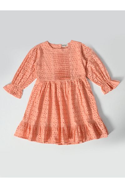 Bella Moda By Styli Solid Schiffli Pintuck Detail Dress with 3/4 Sleeves