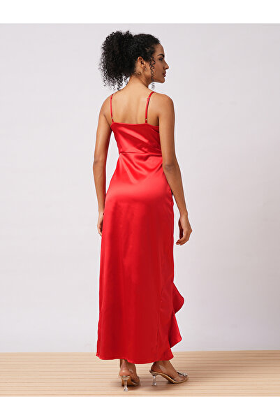Globus By Styli Women Red Solid Satin Asymmetric Hem Sheath Maxi Dress with Ruffle Detail
