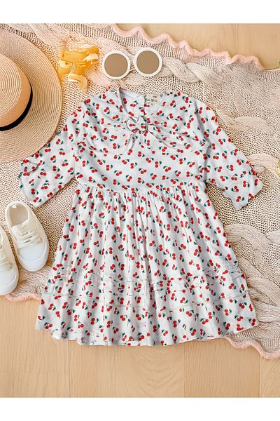 Bella Moda By Styli Cherry Print Gathered Cotton Dress with Bow Detail