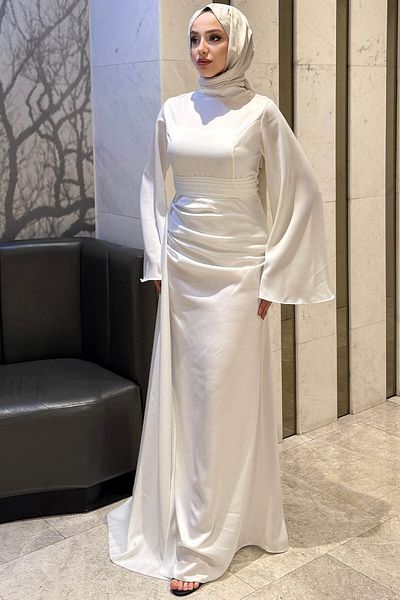 Tesettür Diyarı Γυναικείο βραδινό φόρεμα Arabella Cape Satin Fish-Λευκό