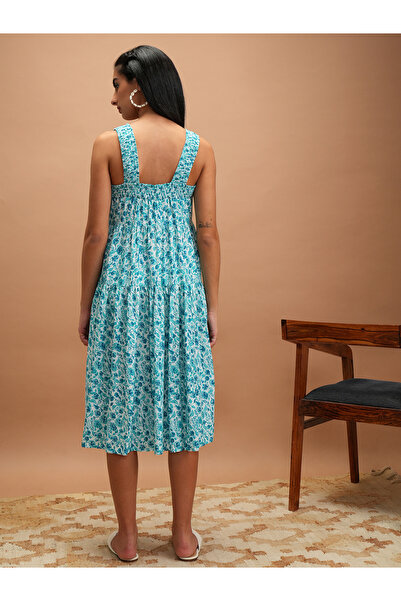 Vishudh By Styli Floral Printed Smocked A-Line Midi Dress