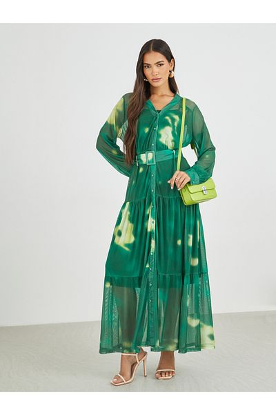 Styli Tie and Dye Print V Neck Shirt Maxi Dress with Belt