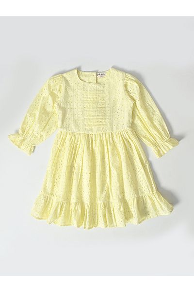 Bella Moda By Styli Solid Schiffli Pintuck Detail Dress with 3/4 Sleeves