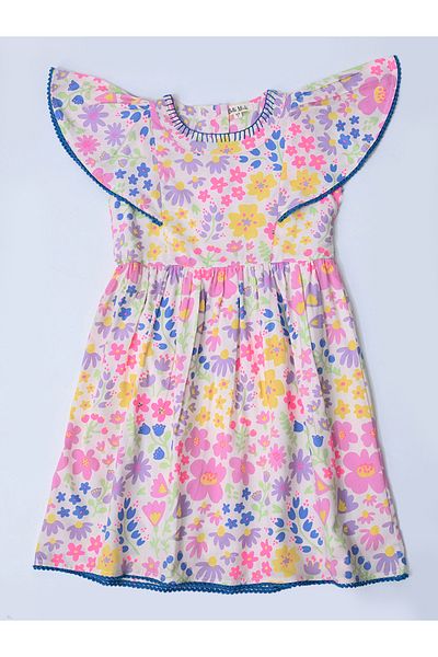 Bella Moda By Styli Floral Print Flutter Sleeves Dress with Lace Detail
