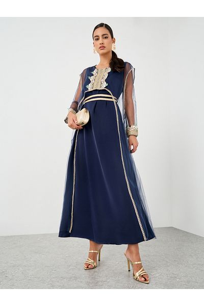 Keenly By Styli Lace Detail Embroidered Long Sleeve Maxi Dress