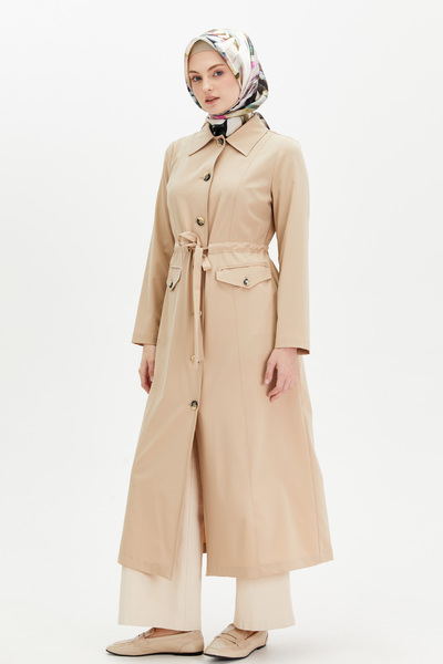 Setrms Parçalı Kuşaklı Tesettür Pardösü